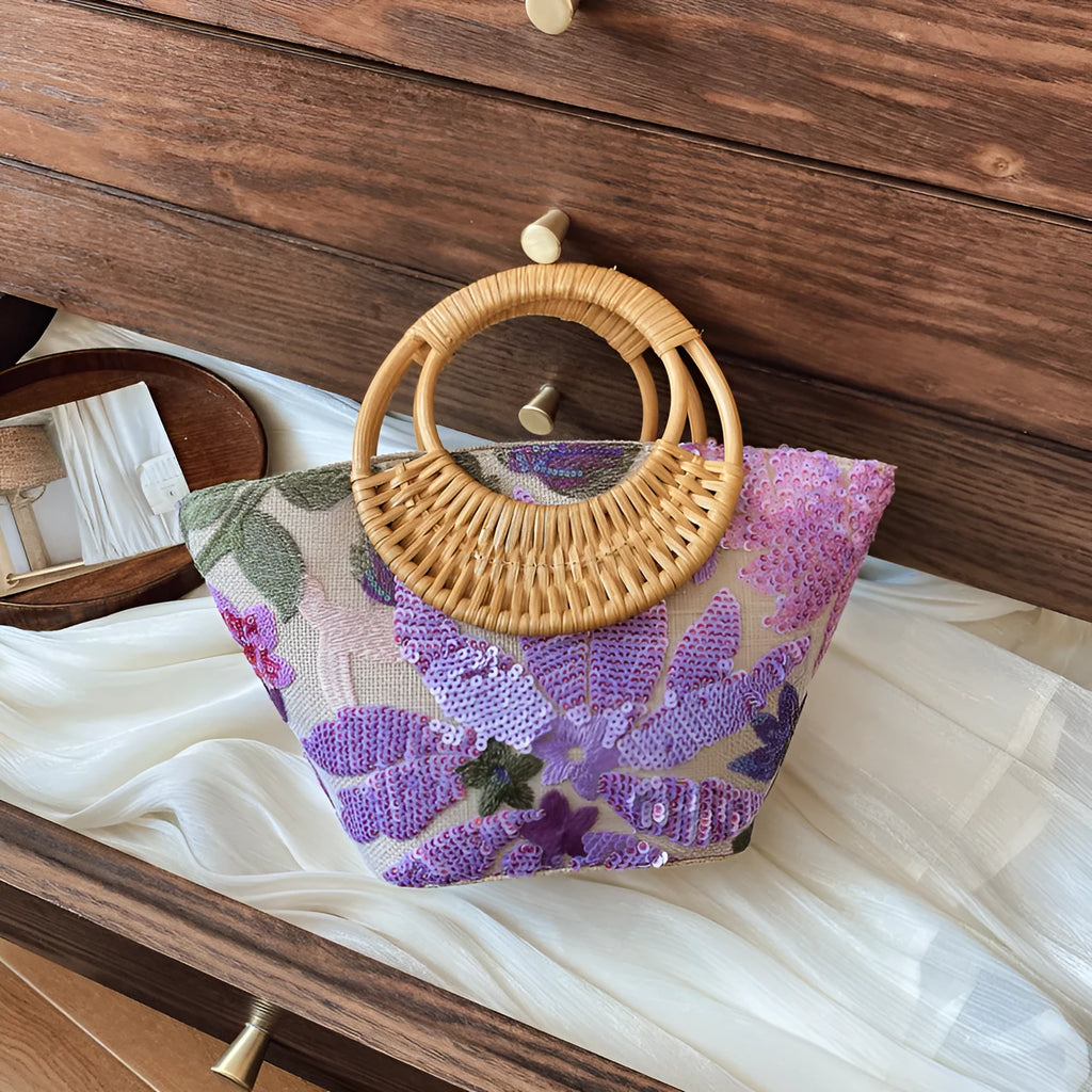 Cotton and linen cylindrical bag with sequin and bamboo joint embroidery, medium soft, light purple colour, three-dimensional pocket