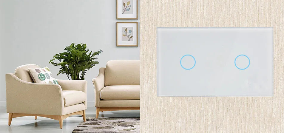 White RF remote control touch wall switch with tempered glass panel and 2-gang configuration