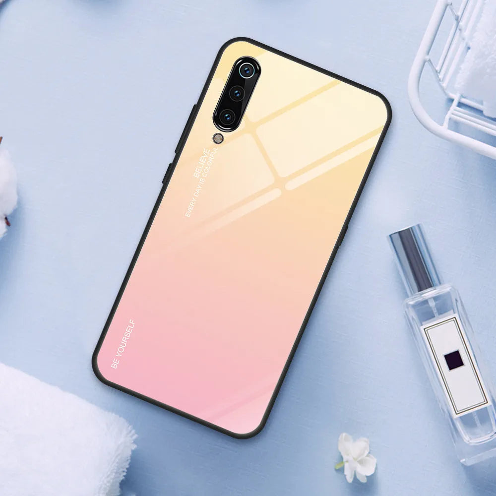 Gradient colour phone case for Xiaomi Redmi with tempered glass back and TPU frame