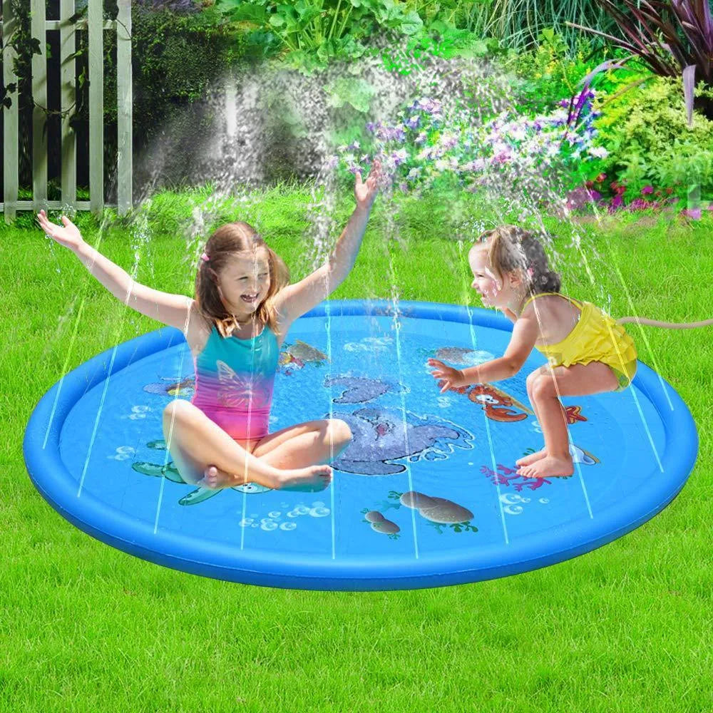 Blue PVC children's water spray play mat with marine animal designs measuring 100cm by 170cm