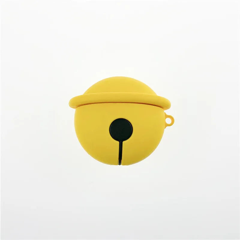 Yellow silicone protective case for AirPods 1 and 2 with a small bell charm attached.