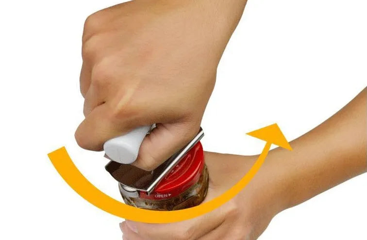 White adjustable stainless steel bottle opener with gear mechanism and PP handle on a plain background.