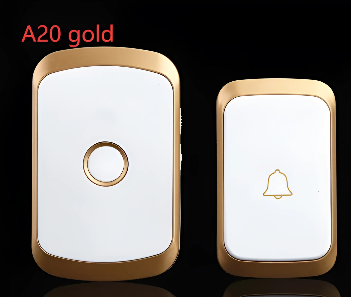Wireless doorbell receiver and transmitter units in black, white, gold, or silver colour options.