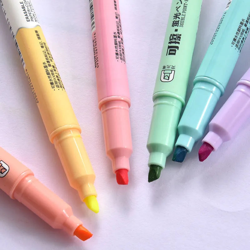 Double-ended fluorescent marker pen set with six bright colours and erasable ink