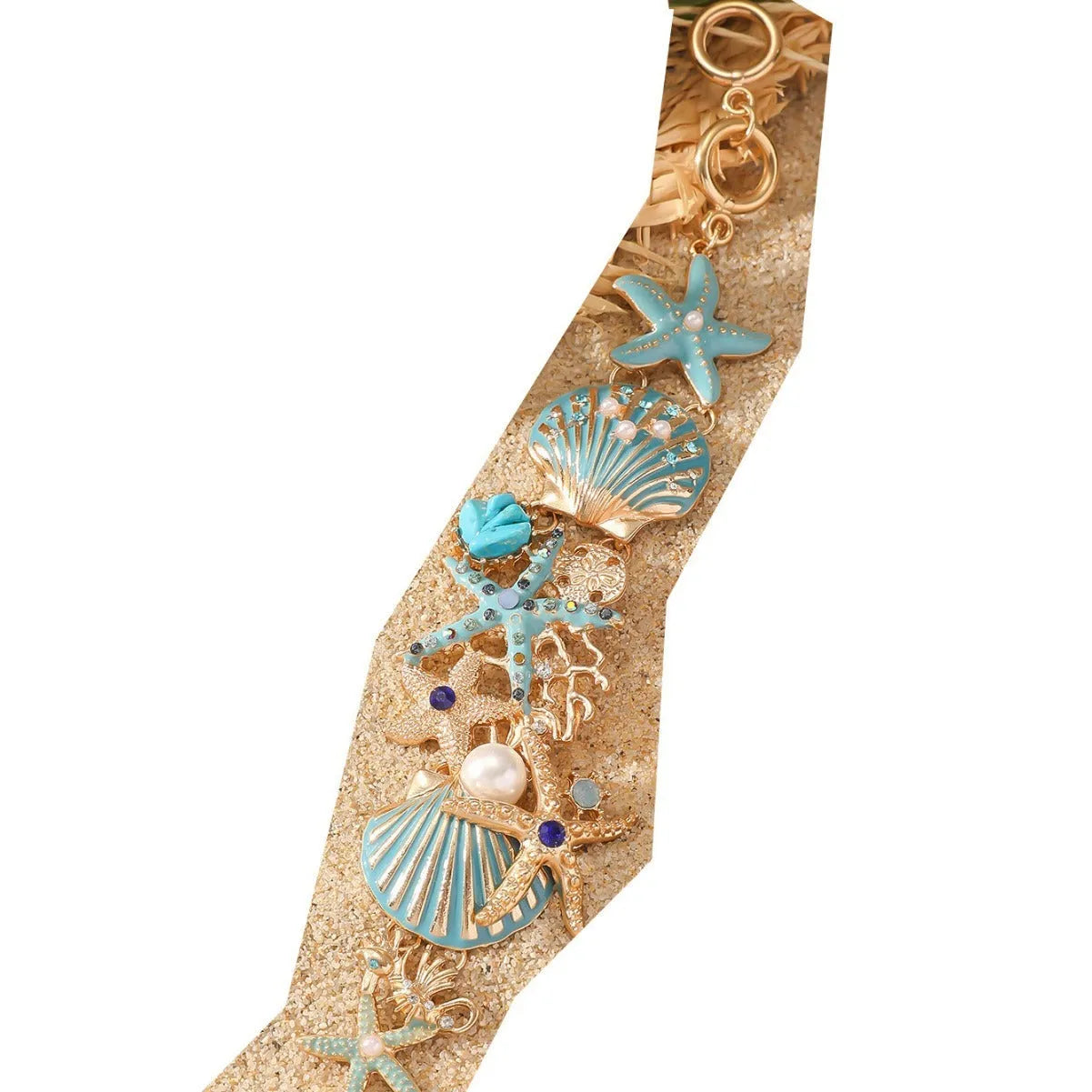 Alloy marine shell boat anchor rhinestone bracelet with starfish design in turquoise colour