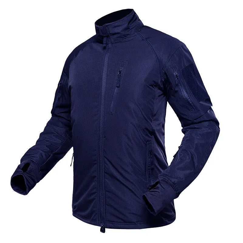 Camouflage nylon jacket with full zip front, shown in outdoor setting, available in sizes S to 3XL.