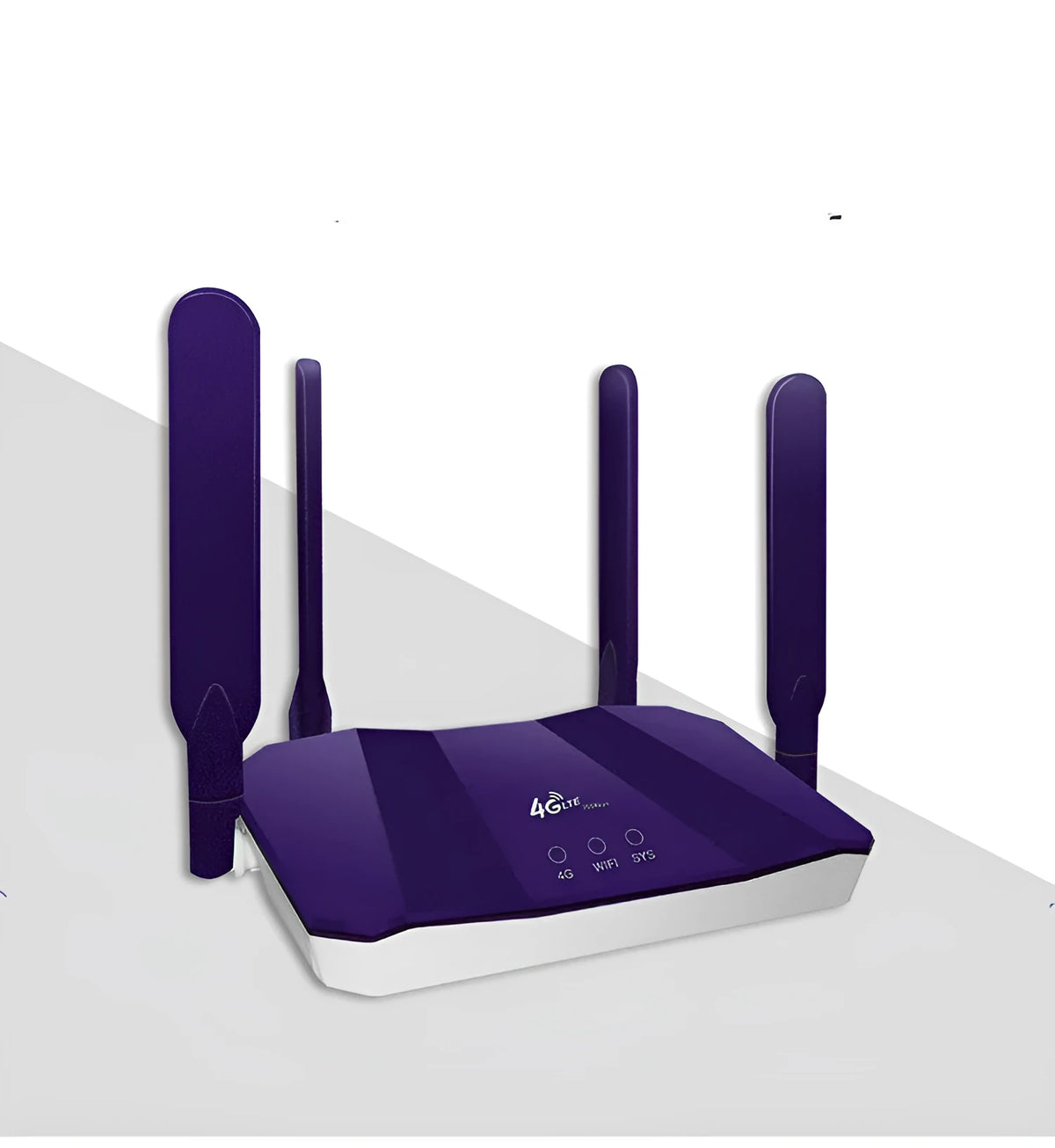 Blue 4G dual-mode router with four external antennas on a desk.