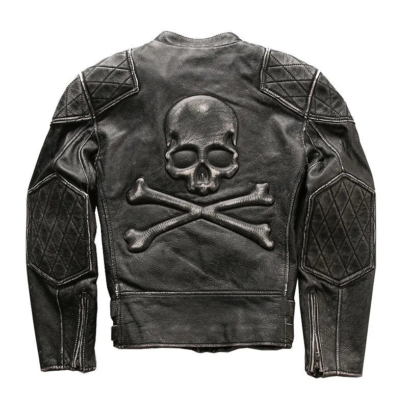 Men's distressed stand collar cropped slim leather jacket in black cowhide