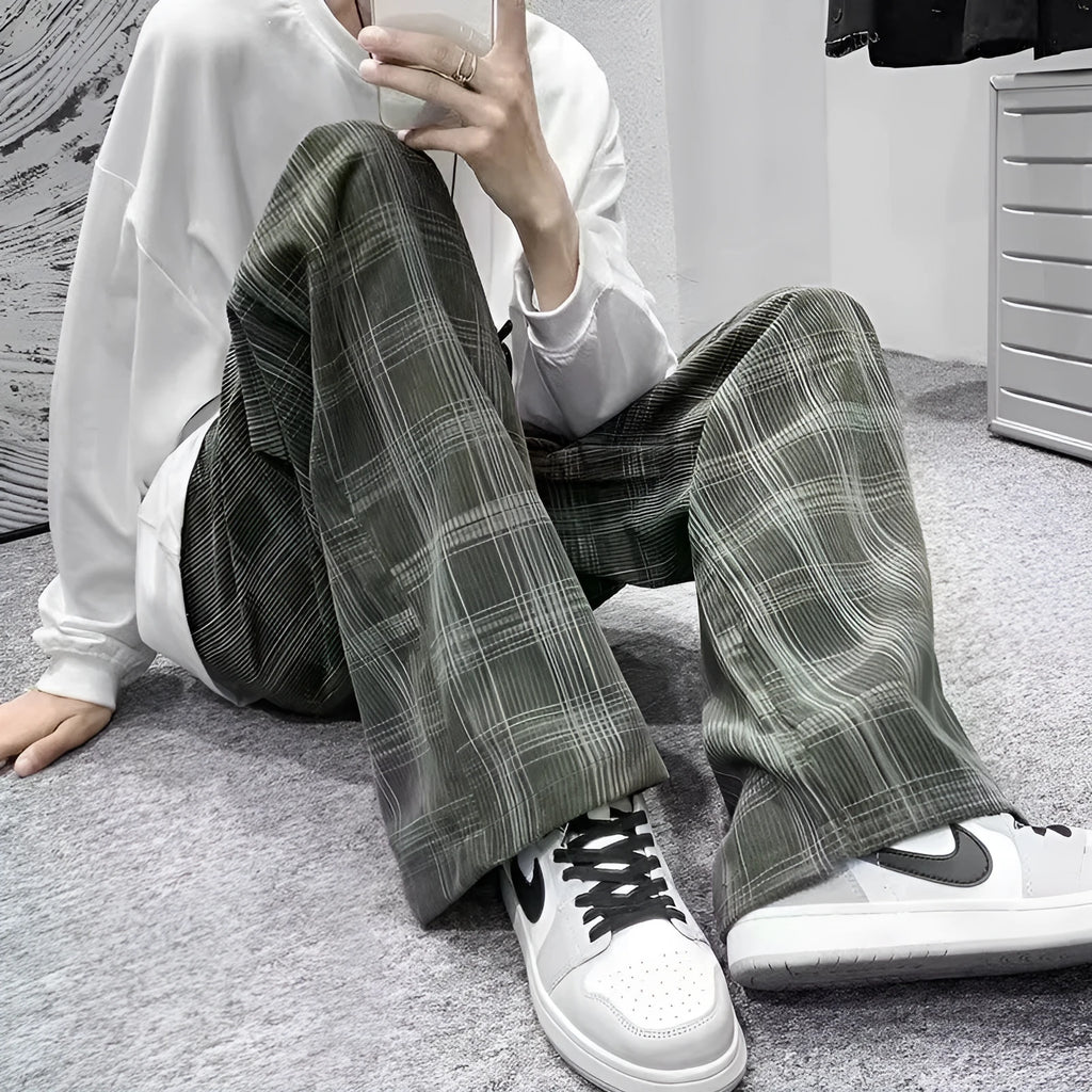 Japanese retro plaid loose pants in straight-leg cut, available in black or green