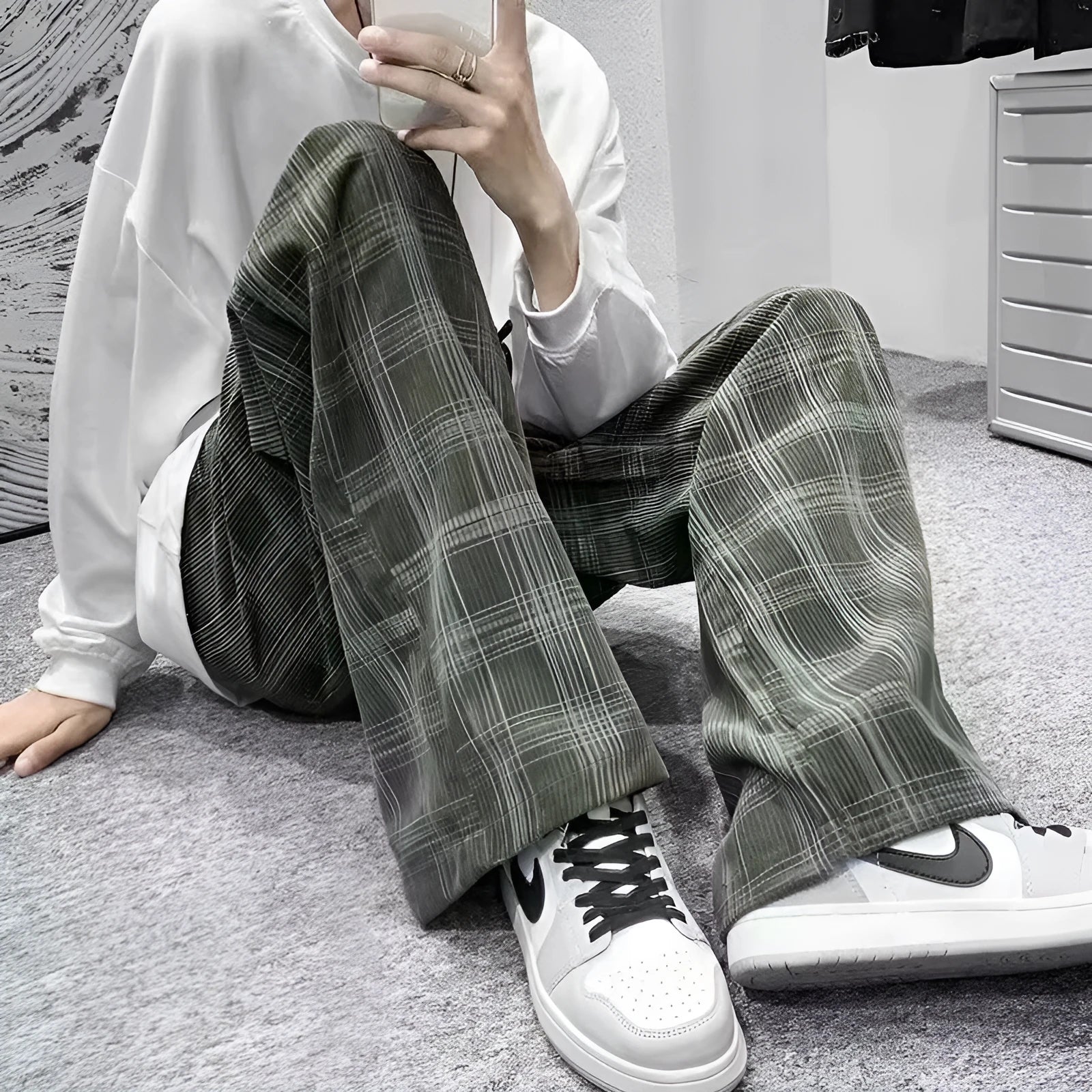 Japanese retro plaid loose pants in straight-leg cut, available in black or green