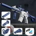 Blue plastic electric water gun with USB charging cable and 358ml water capacity for outdoor use.