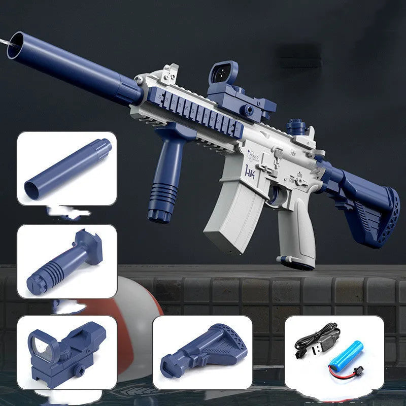 Blue plastic electric water gun with USB charging cable and 358ml water capacity for outdoor use.