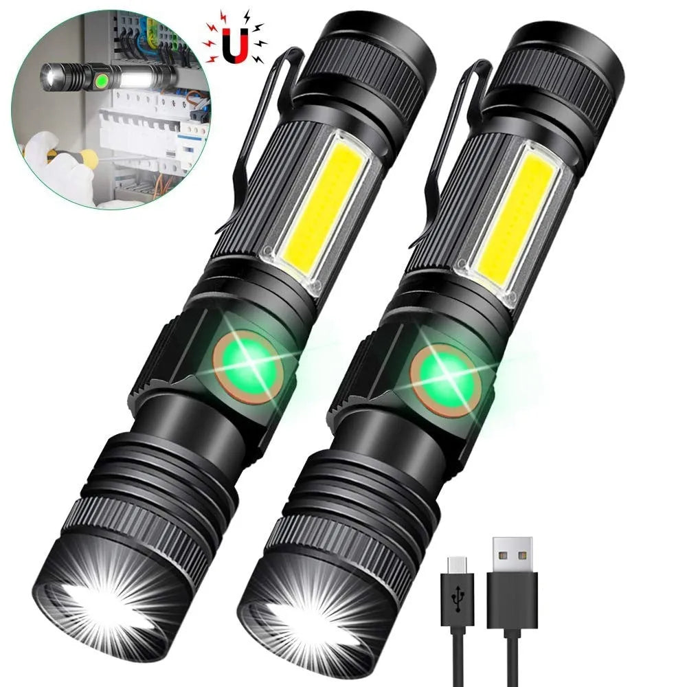 Outdoor mini zoom flashlight with adjustable focal length and black aluminium alloy body on a dark background