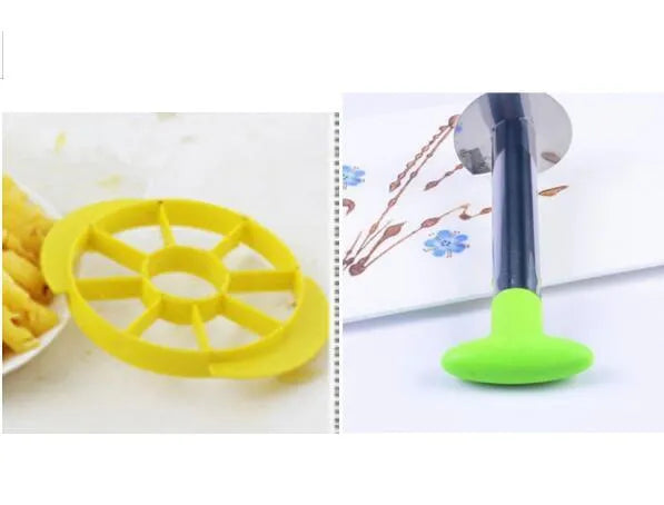 Stainless steel pineapple corer slicer with coloured ABS handle on kitchen counter