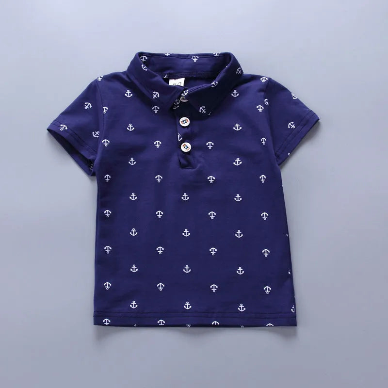 Anchor print cotton baby boys' romper in blue, short sleeves and cropped trousers, Korean style.