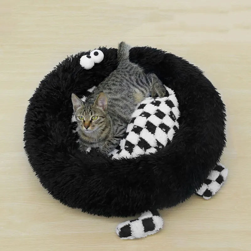 Plush circular pet nest bed for Shiba Inu dogs in black, pink, or yellow colours