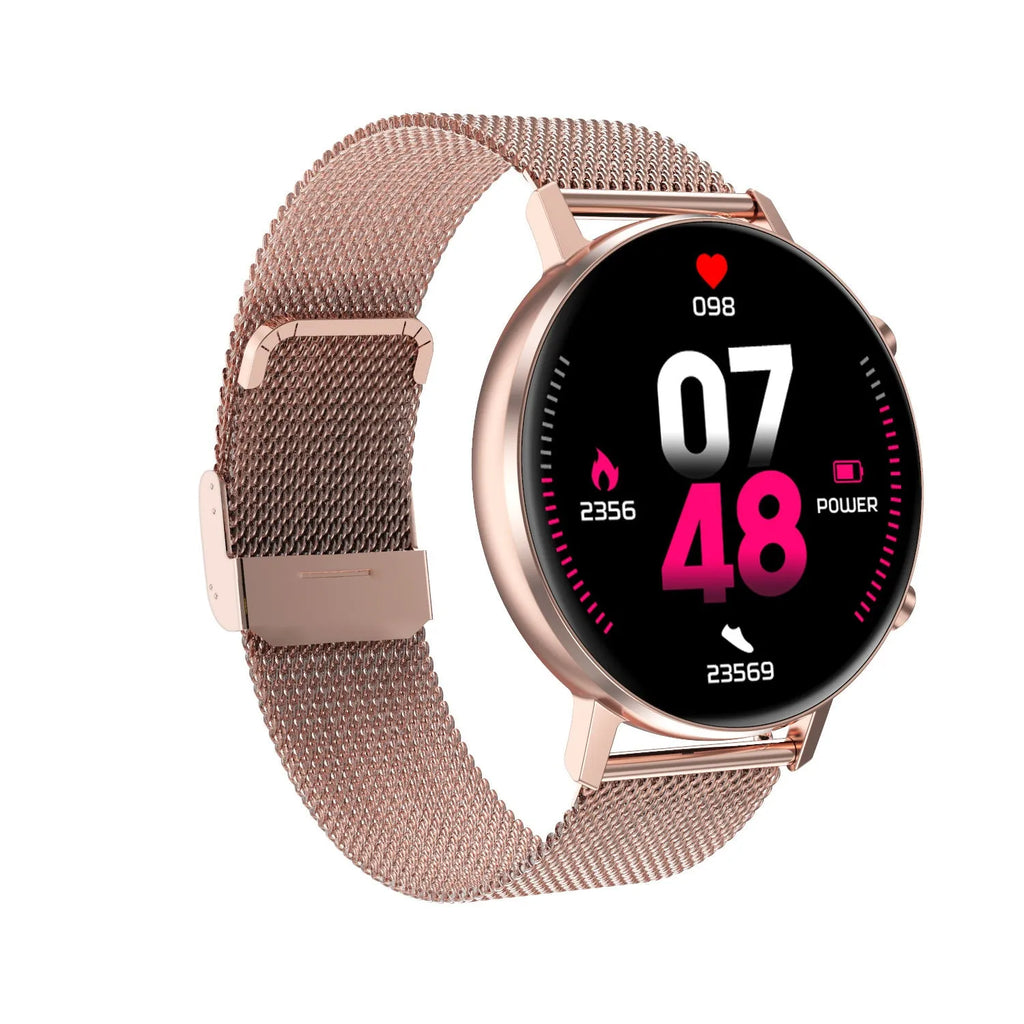 DT96 smart bracelet with 1.3-inch display on steel strap in black, rose gold, or silver colour options