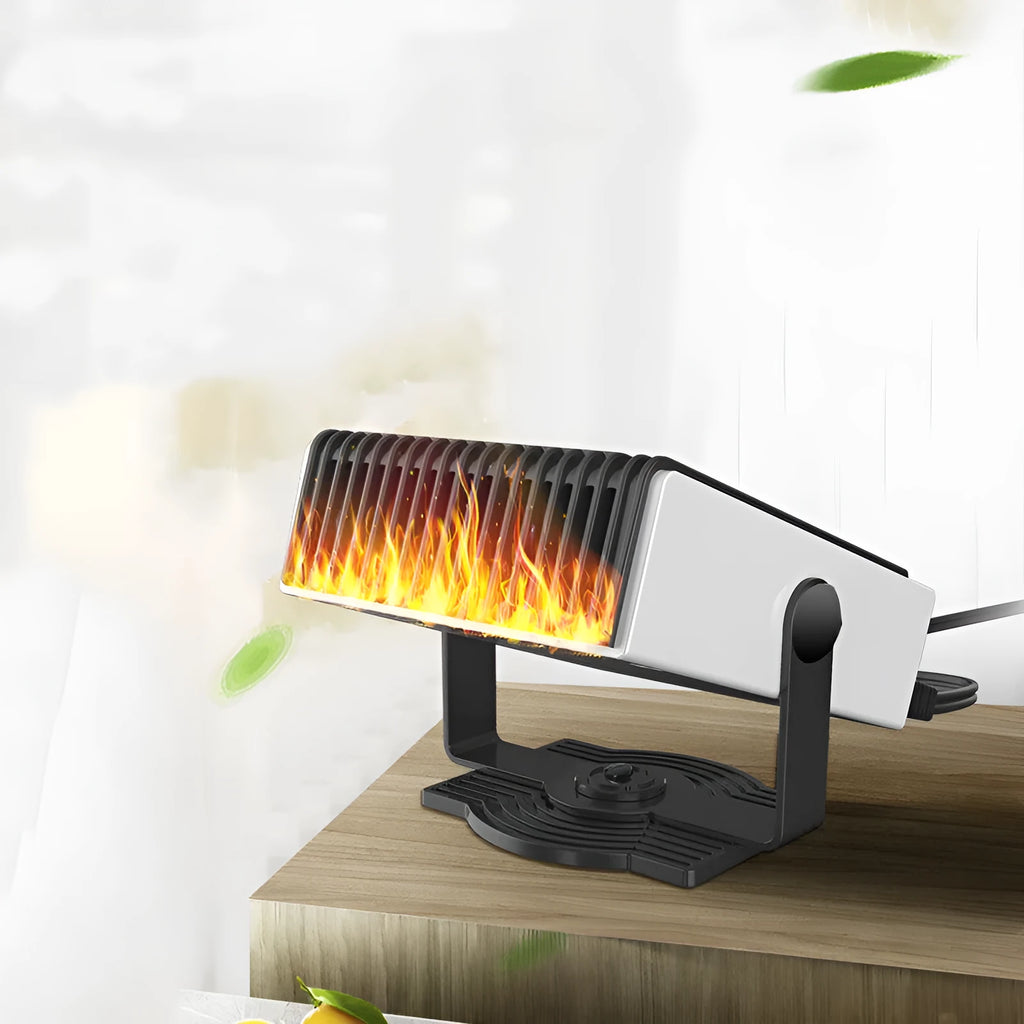 Black and white portable car heater and cooling fan, 180-degree rotation, 150W, 12V 24V, 1.5m cord.