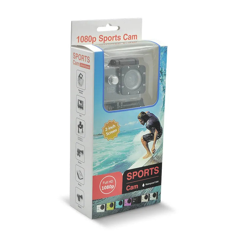 Waterproof sports camera with 2.0 inch LCD screen, 480P resolution, plastic body, in black colour
