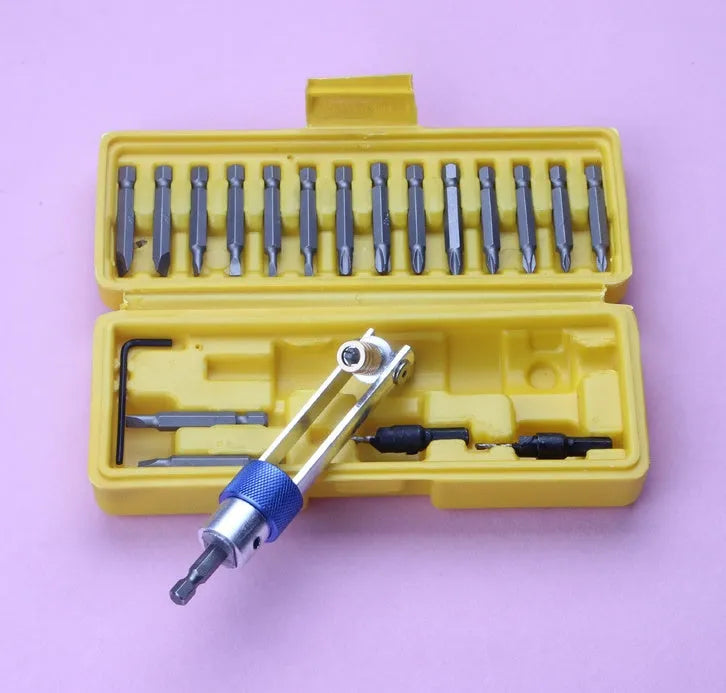Half Time Drill adapter tool with swivel head and set of 18 drill bits including Phillips, flathead, and countersink sizes