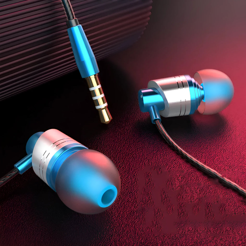 Black wired in-ear headphones with a 3.5mm plug, an in-line microphone, and silicone ear tips.