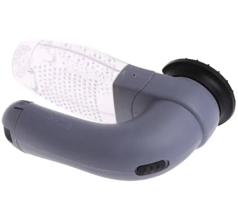 Grey electric pet hair vacuum grooming brush with rubber head and collection canister