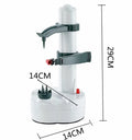 White electric kitchen peeler with stainless steel blades on countertop peeling an apple