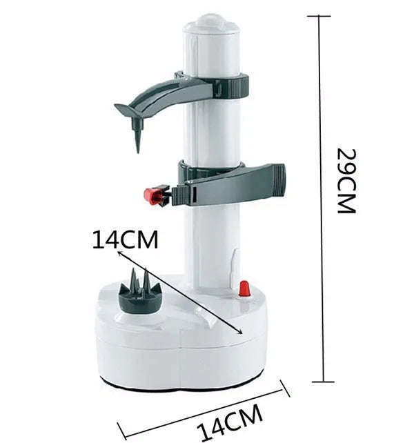 White electric kitchen peeler with stainless steel blades on countertop peeling an apple