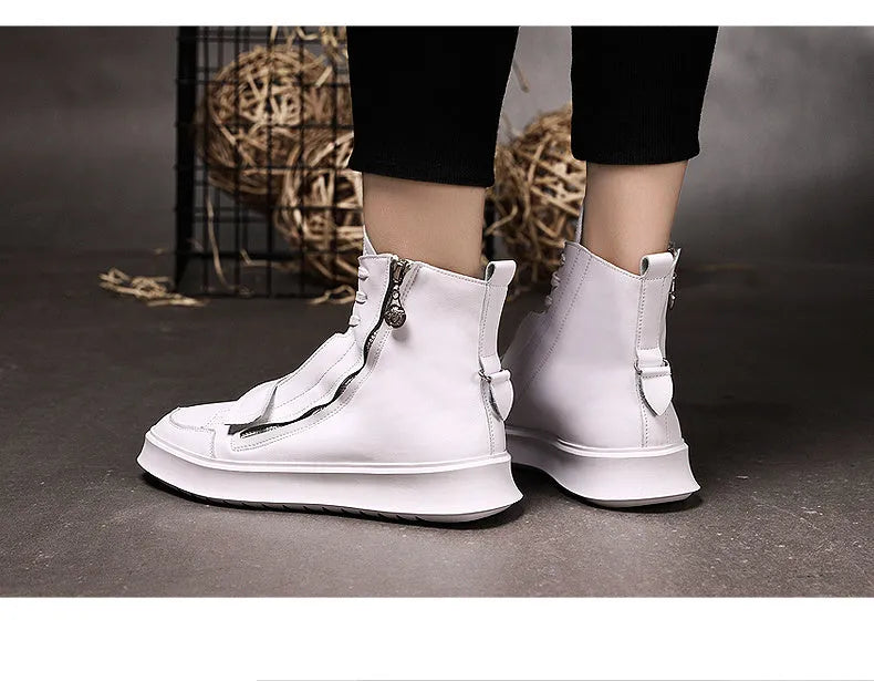 Men's black and white PU leather ankle boots with a high-top sneaker design for winter.