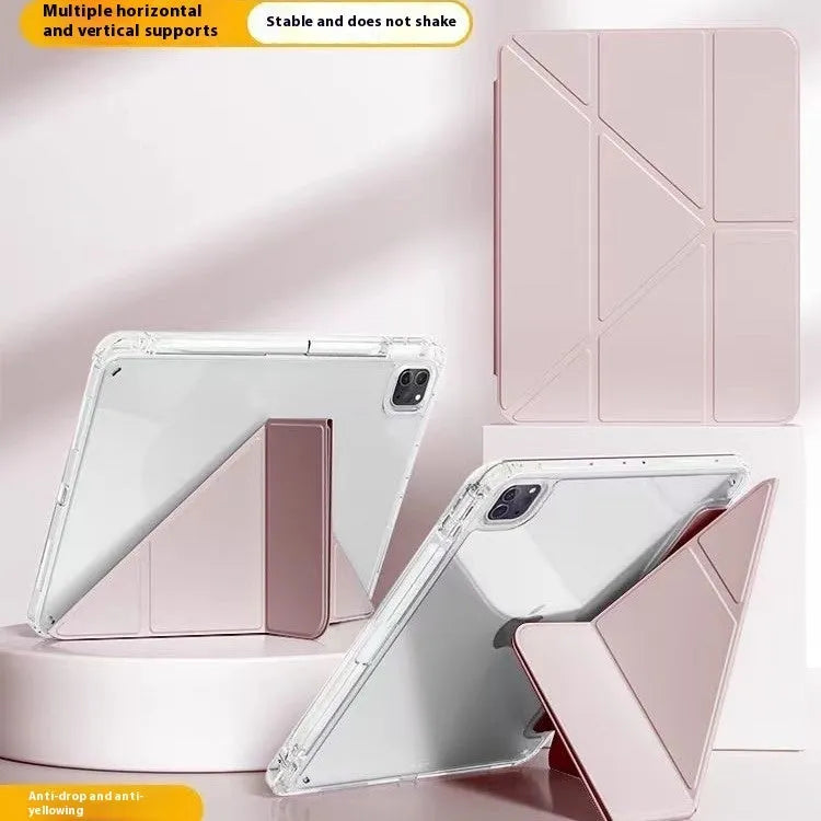 Transparent acrylic iPad case with a magnetic folding stand in light purple colour