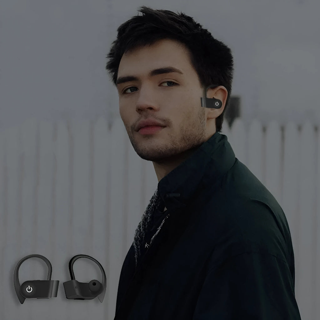 Black, grey, and red V5.0 Bluetooth wireless earphones with an ergonomic in-ear design.