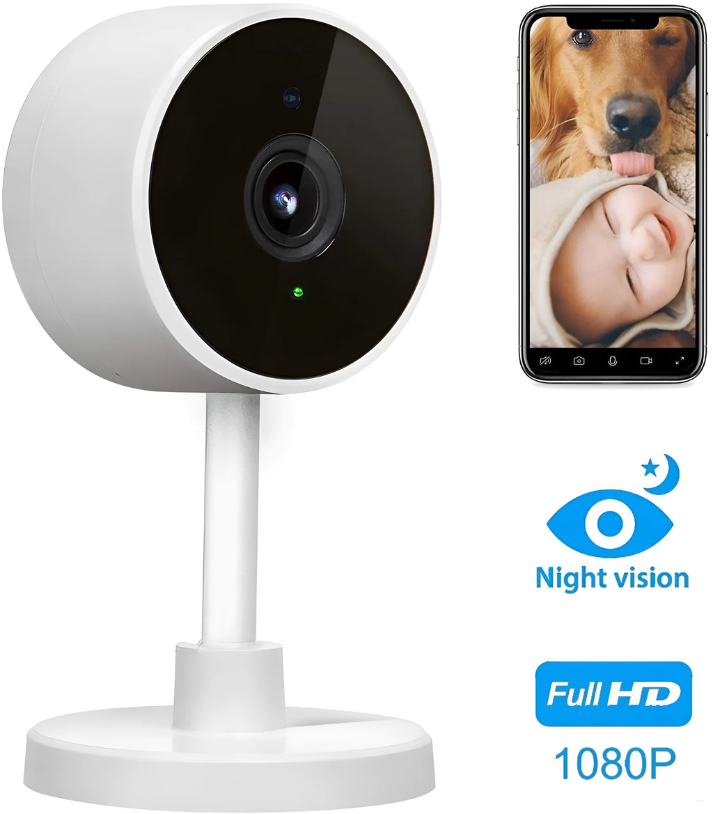 White FLASH FISH gun-style WiFi security camera for indoor home monitoring with 1080p HD and night vision.