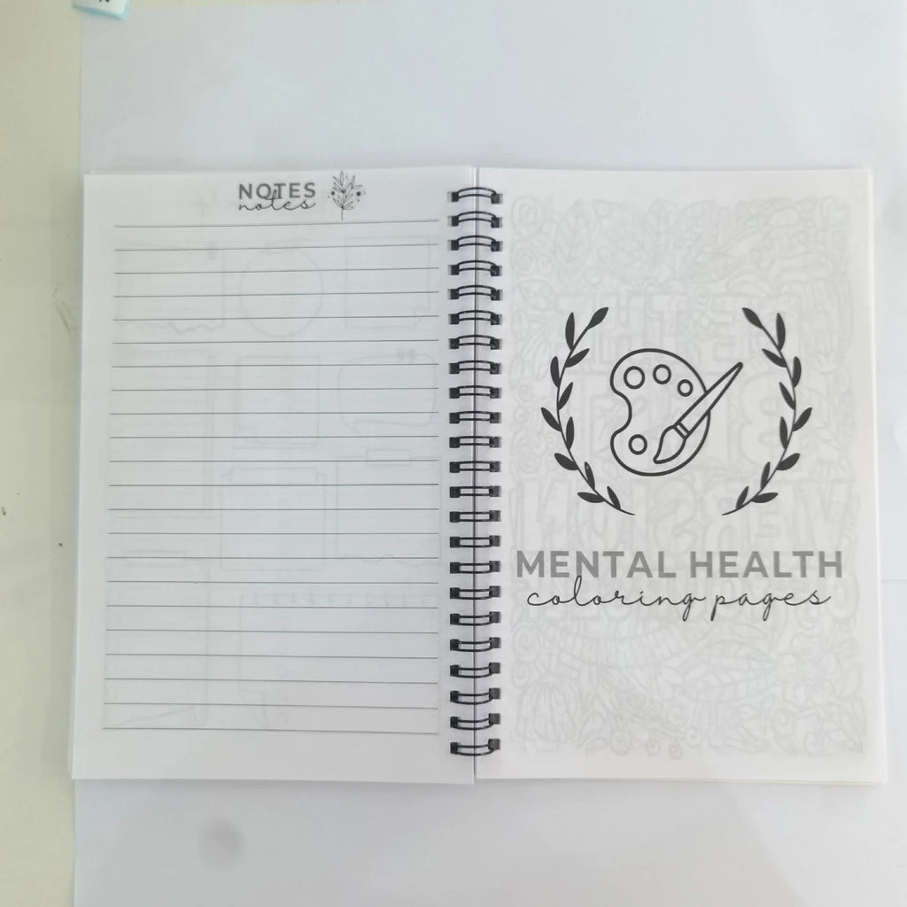 Pink paper cover coil-bound brain mental health notebook with 80g pages, open to blank pages