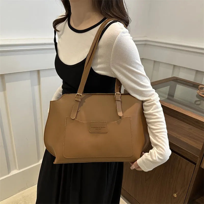 Horizontal square PU tote bag with sandwich pocket and double shoulder straps in neutral colour