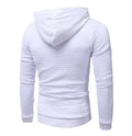 Men's casual hooded pullover with square pattern quilted design in beige, on a model