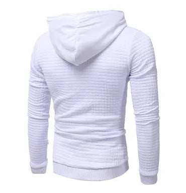 Men's casual hooded pullover with square pattern quilted design in beige, on a model