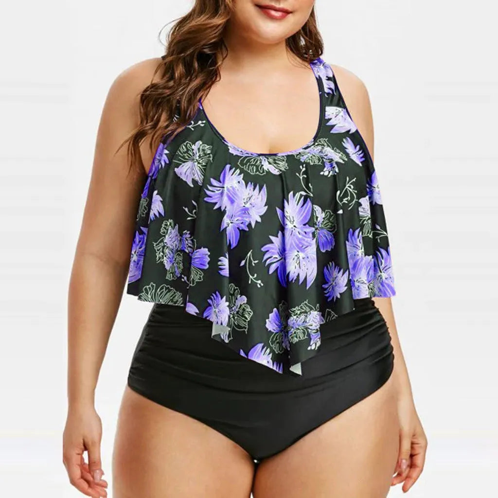 High waist lotus print swimsuit in blue, 80% polyester fabric, sizes XL to 5XL
