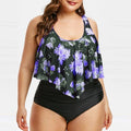 High waist lotus print swimsuit in blue, 80% polyester fabric, sizes XL to 5XL