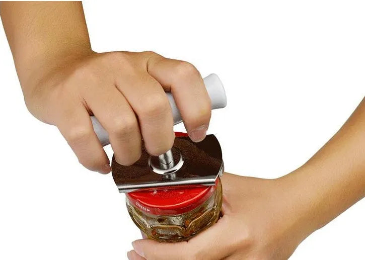 White adjustable stainless steel bottle opener with gear mechanism and PP handle on a plain background.