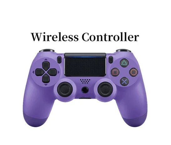 Wireless PlayStation 4 Controller in various color options, including purple, transparent red, grey camouflage, camo blue, and more.