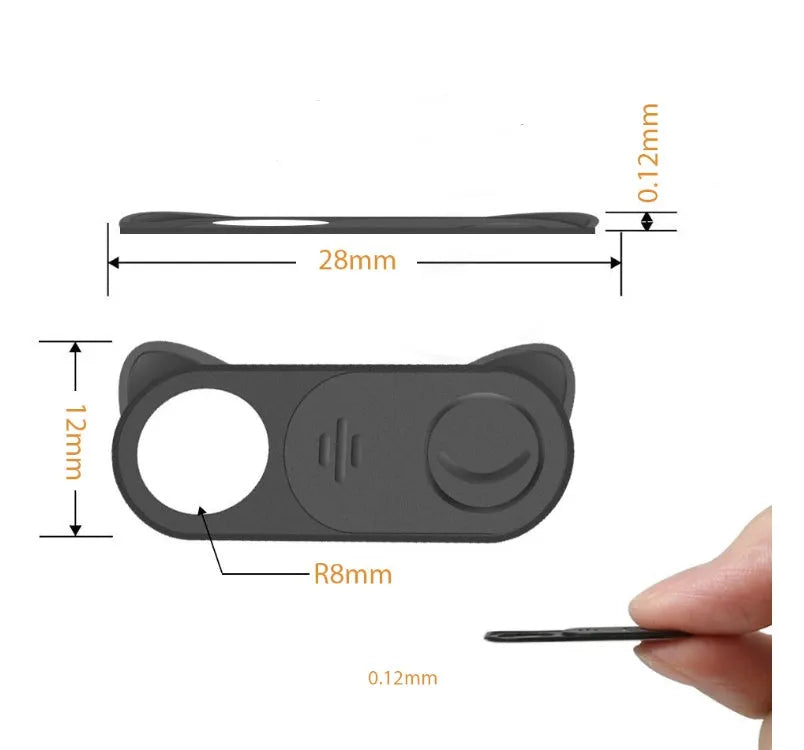 Black plastic webcam privacy cover with sliding shutter, 18mm x 9mm, for laptop tablet phone