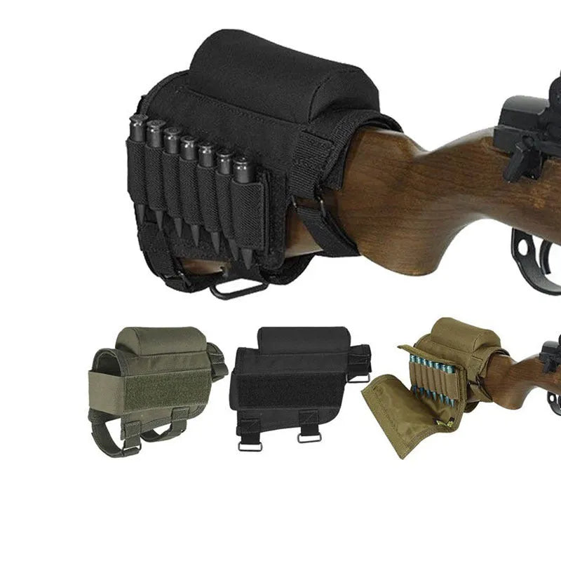 Black nylon cheek rest for rifle stock with hook and loop straps and removable ammo carrier