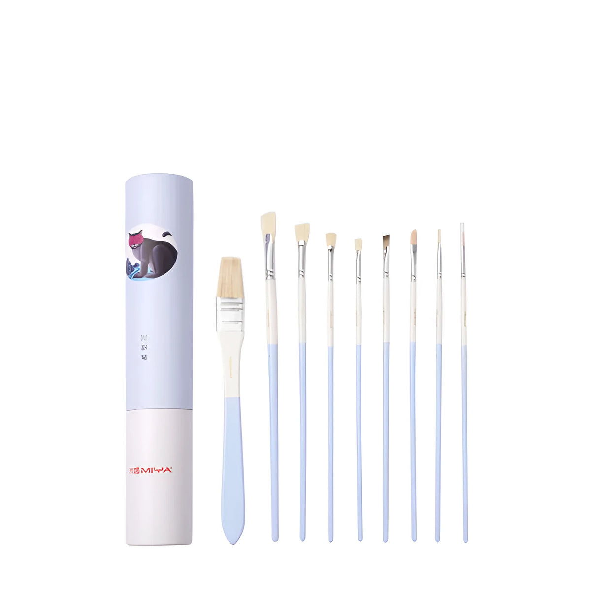 Acrylic gouache art set with fan brushes, wide brush, eyeliner brush, corner brush, chalk, and paint.