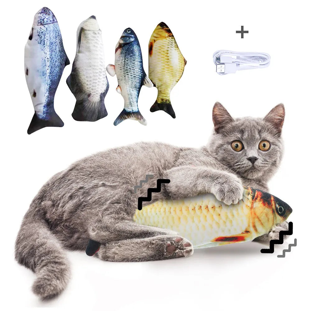 Multicolour electronic jumping fish cat toy with USB cable, measuring 30cm.