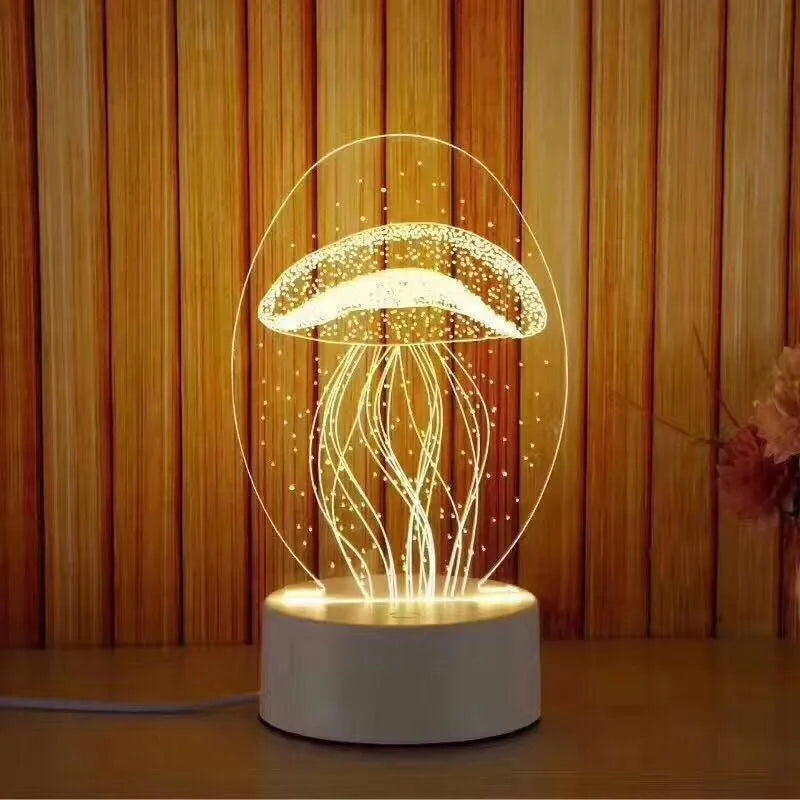 Creative electronic night light with acrylic light board showing USB cable, touch control, and three colour modes on a bedside table