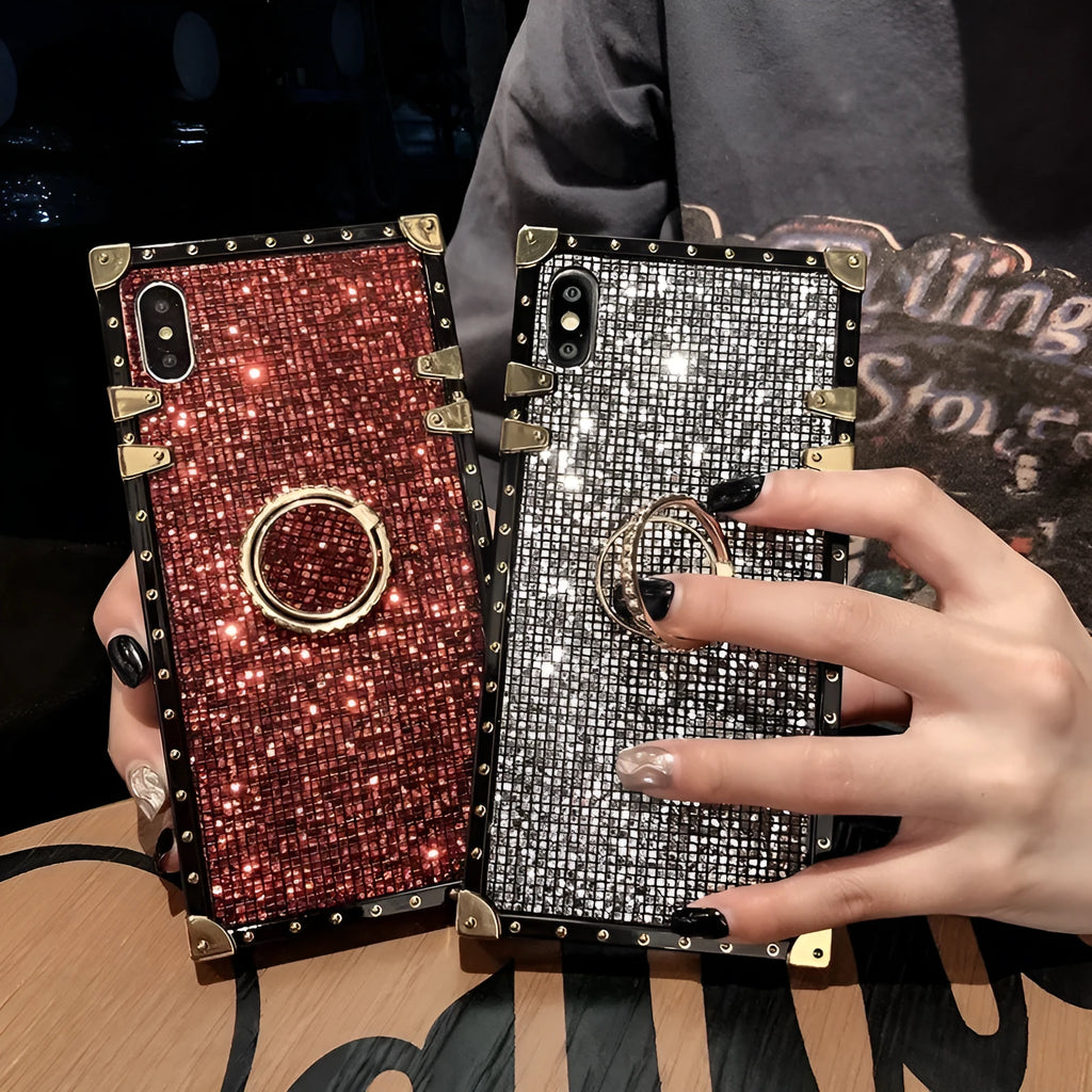 Square TPU mobile phone case with flash diamond bracket design in four colour options