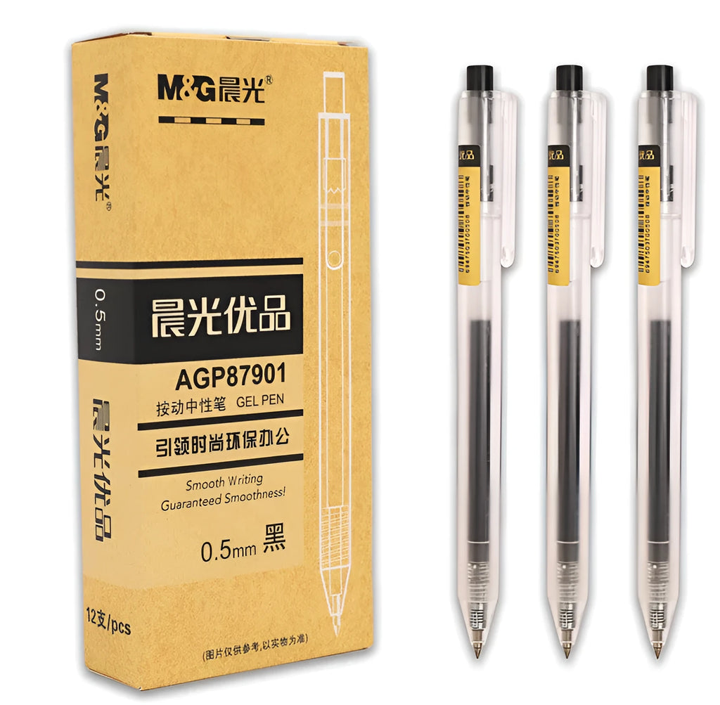 12 black frosted retractable gel pens with 0.5mm tips and 2 refills