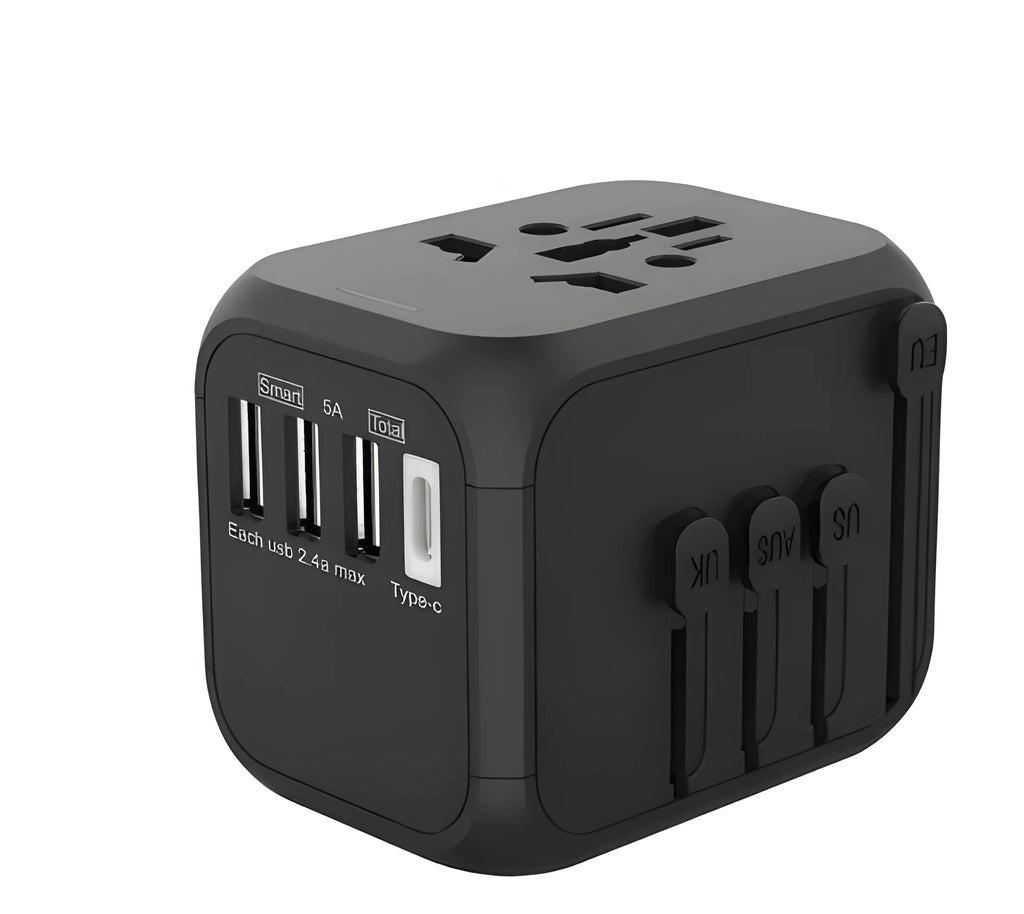 Black international travel plug adapter with six universal sockets for multiple country plugs