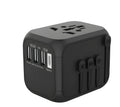 Black international travel plug adapter with six universal sockets for multiple country plugs