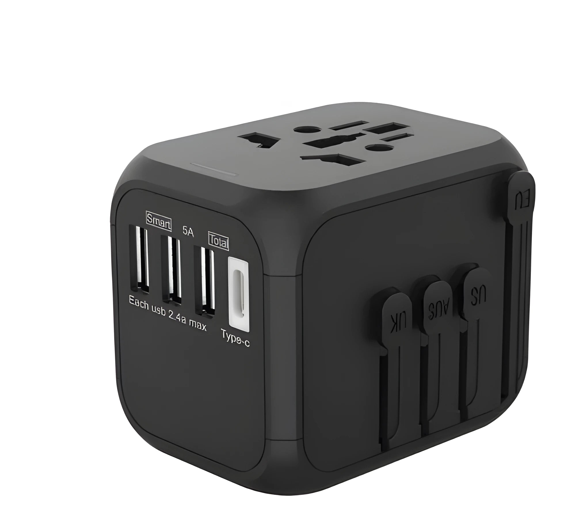 Black international travel plug adapter with six universal sockets for multiple country plugs